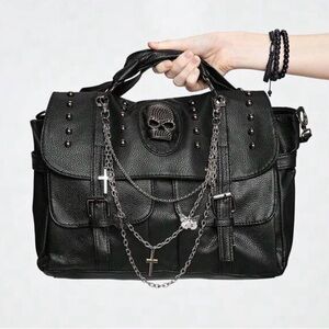 Black Studded faux Leather Handbag with chain and skull design